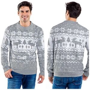 •TIPSY ELVES• Men’s Merry‎ Moose Ugly Christmas Sweater in Gray & White Size L